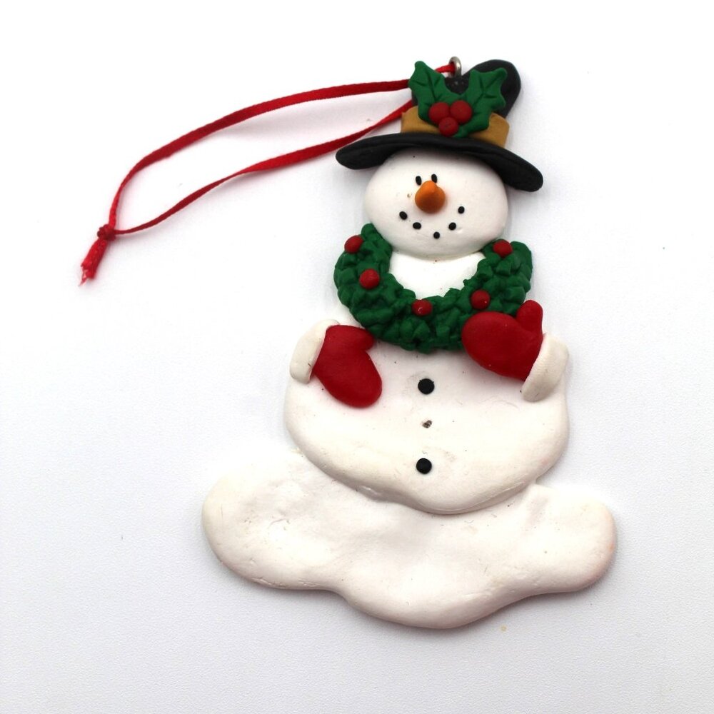Handmade SNOWMAN 4.5" Clay Dough Flat Hanging Christmas Tree Ornament